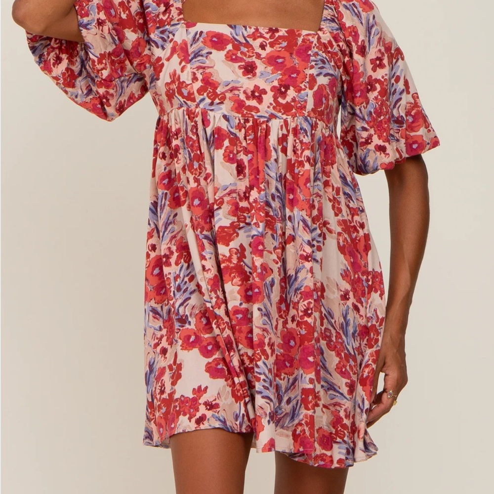 Daisies Red and Purple Puff Sleeve Mini  Dress, Great Preloved Condition, Size S